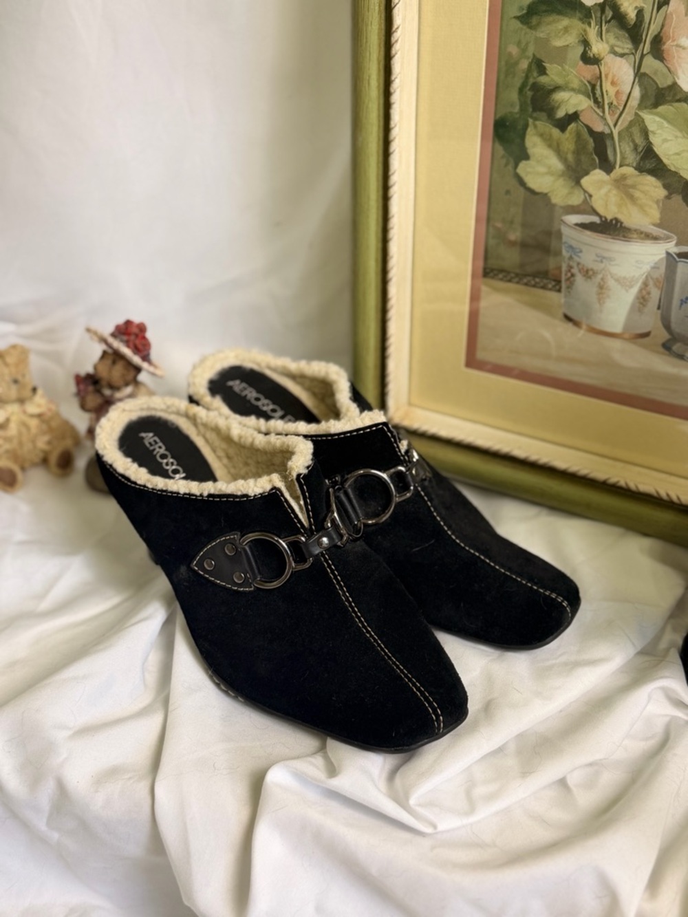 AEROSOLES Black Suede Shearling-Trim Horsebit Mules Clogs - Picture 1 of 8